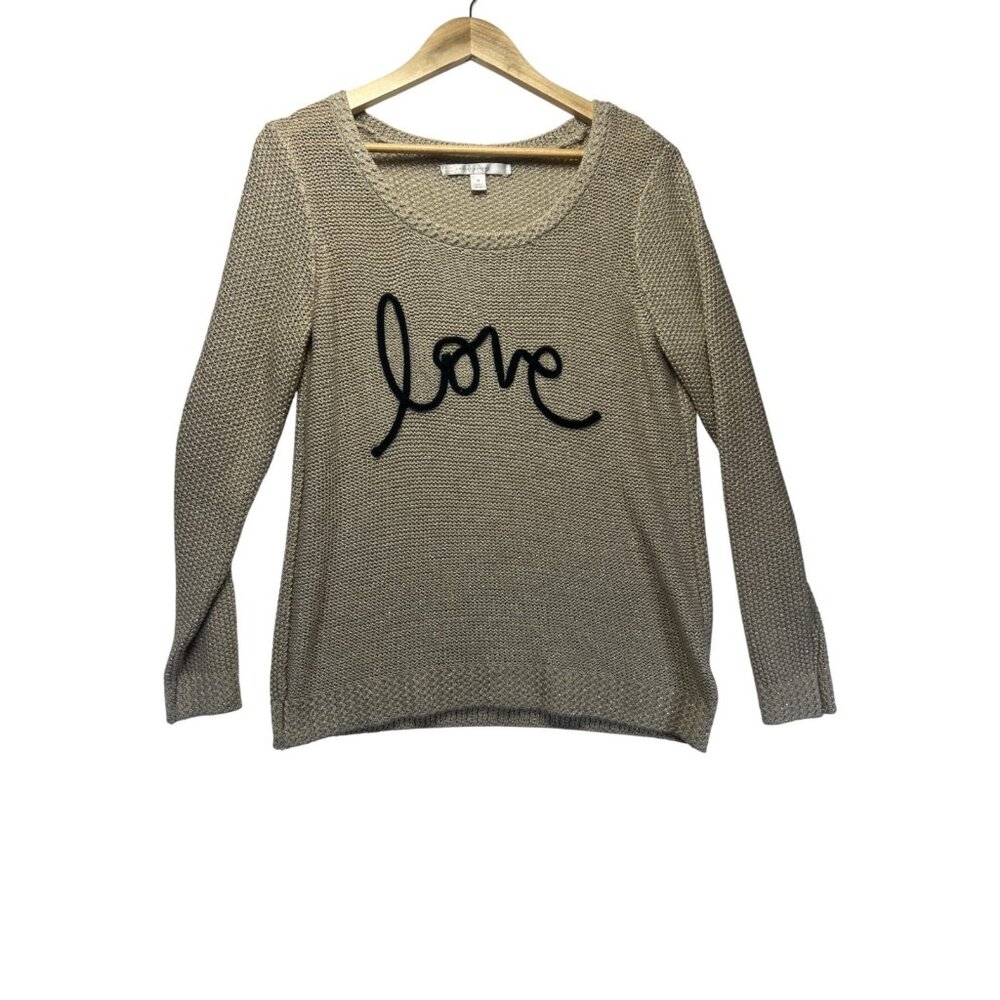 LC Lauren Conrad Women Beige Love Front Long Sleeve Knit Sweater SZ M Valentines